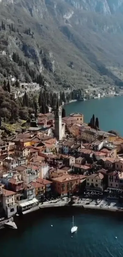 Scenic Italian lakeside village with mountain backdrop and vibrant homes.