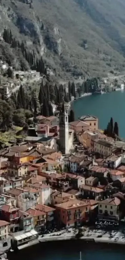 Aerial view of a picturesque Italian village by the lake with beautiful landscapes.