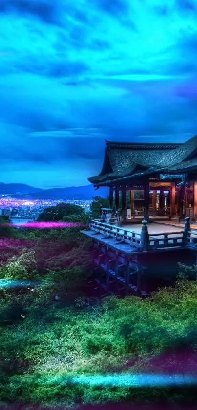 Japanese temple overlooking lush greenery with vibrant blue sky.