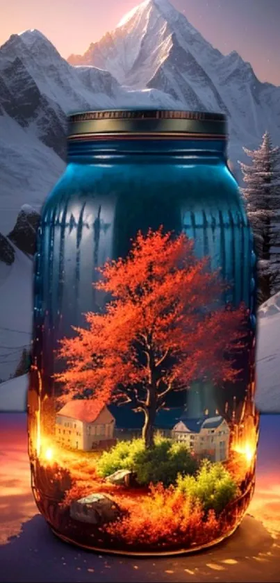 Fantasy scene in jar with red tree and mountains.