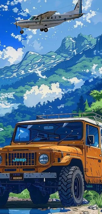 Jeep in a scenic mountain landscape with a vibrant sky.