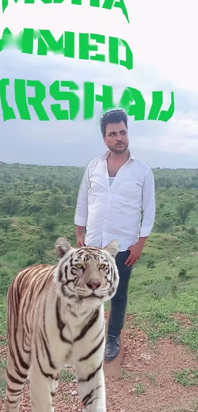 Majestic white tiger in lush green jungle scene with serene landscape.