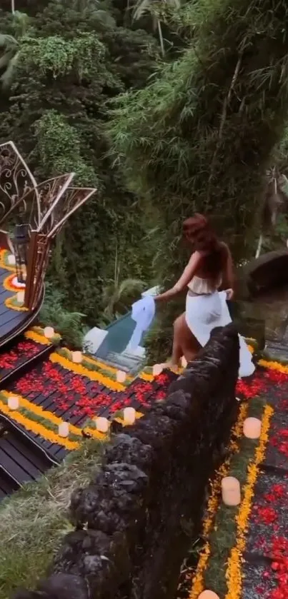 Woman walks down flower-decorated jungle staircase.