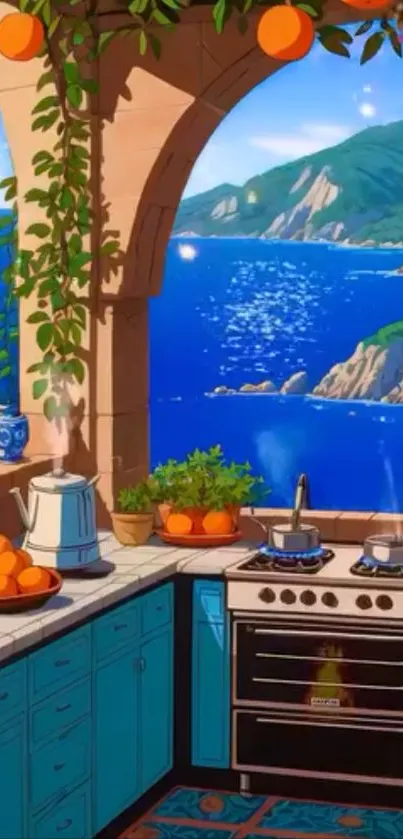 Illustration of a kitchen with an ocean view and vibrant colors.