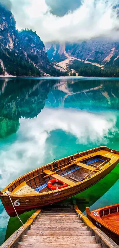 Wooden boat on tranquil lake with scenic mountains.