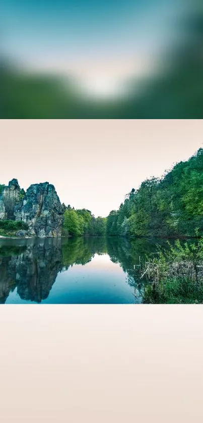 Serene lake with cliffs and lush greenery in a tranquil nature setting.