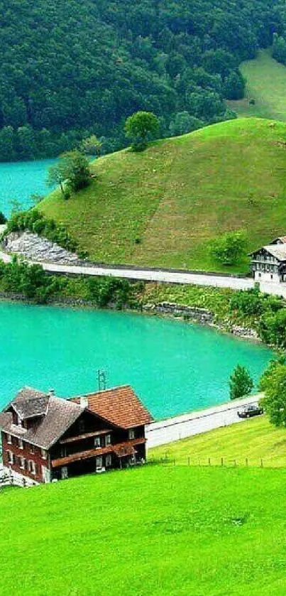 Scenic green hills and turquoise lake mobile wallpaper.