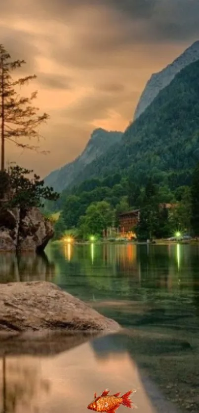 Serene mountain lake at dusk with lush green scenery.