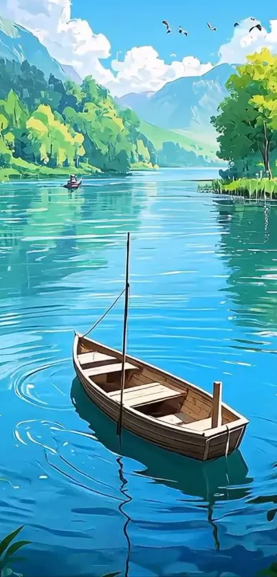 Rowboat on a tranquil lake with mountains in the background.