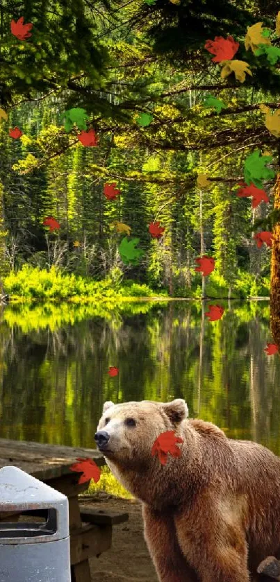 Brown bear and cub by a forested lake with a raven on tree.