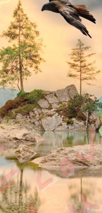 Flying bird over peaceful lake with trees and rocks.