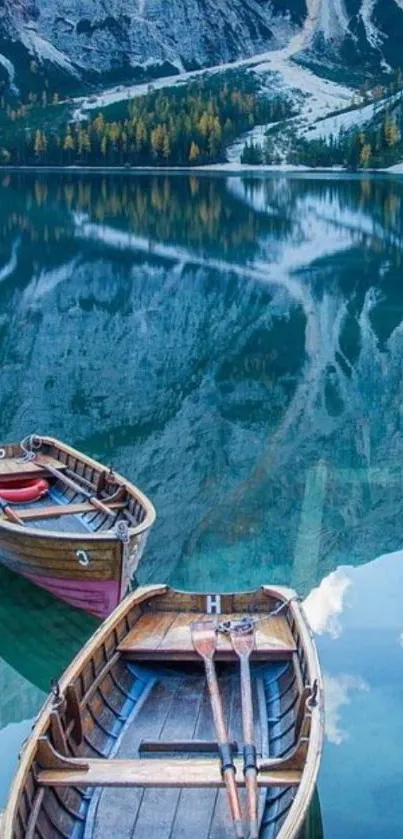 Wooden boats on a serene mountain lake with reflections and a blue hue.