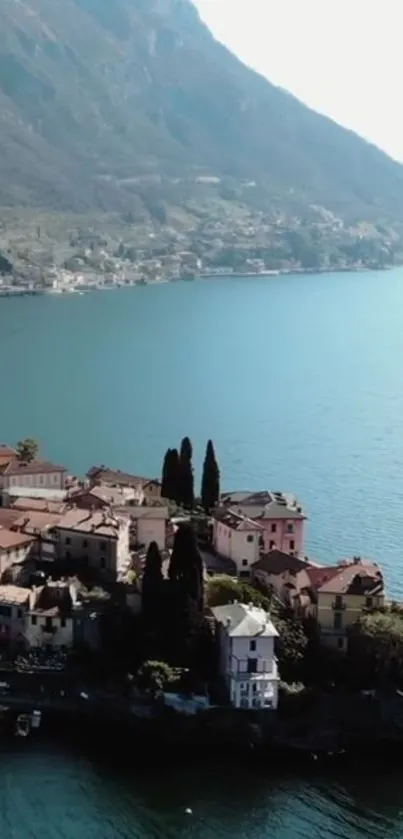 Aerial view of Lake Como with picturesque mountains and water in Italy.