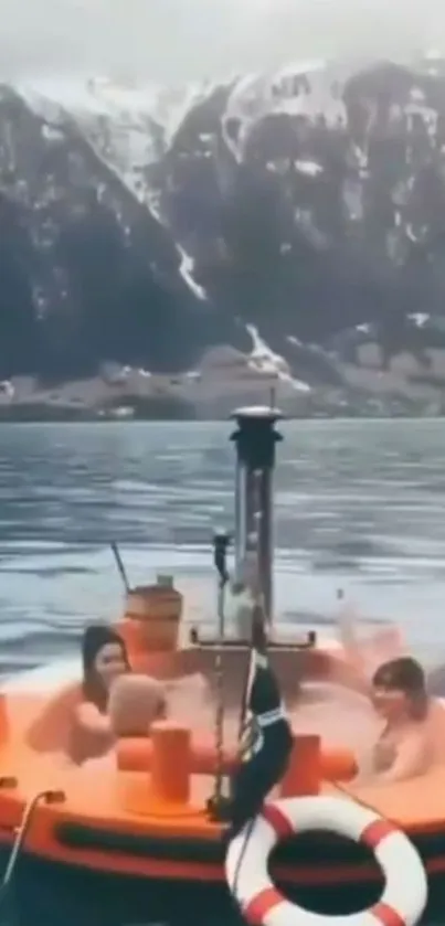 Floating hot tub on a serene lake with snowy mountain backdrop.