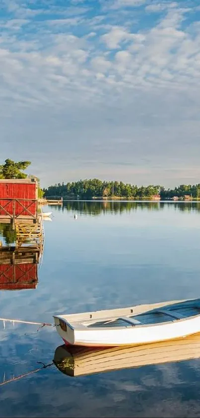 Lake house reflection with blue sky and serene water.