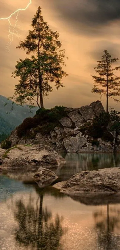 Scenic lake view with lightning in the evening sky.