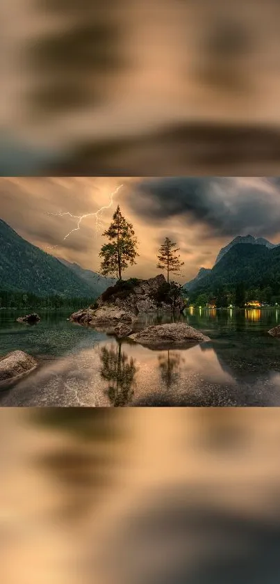 Lake scene with lightning at dusk over mountains and rocky islands.