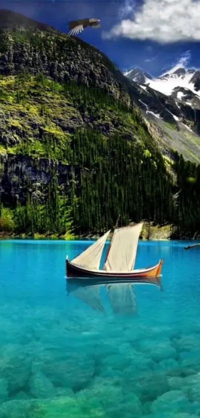 Serene lake with mountains and sailing boat.