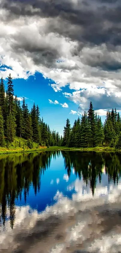 Serene lake with pine reflection and cloudy sky.