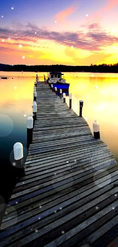 A tranquil sunset over a lake with a wooden pier extending into the distance.