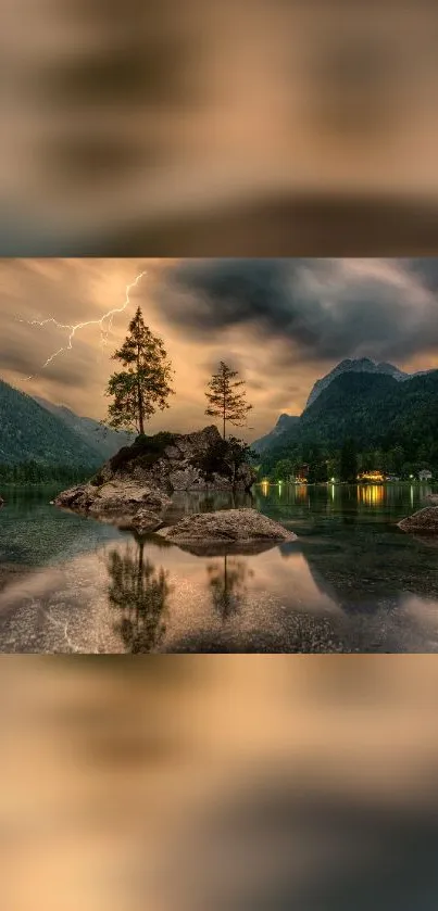 Peaceful lake with trees and lightning under dramatic sky.