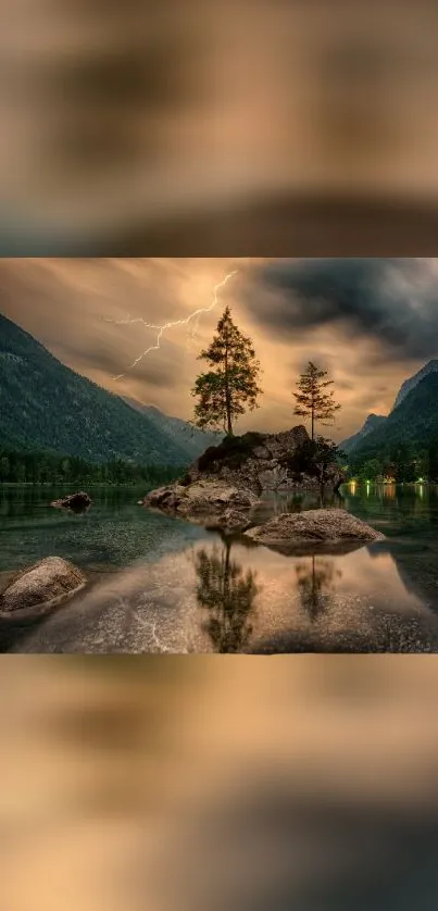 Serene lake with trees and stormy sky as mobile wallpaper backdrop