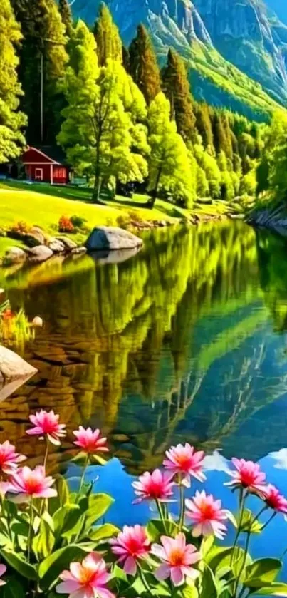 Mountain lake and flowers landscape wallpaper