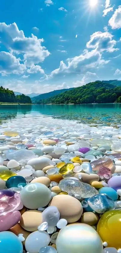 Colorful pebbles by a clear lake with a bright blue sky.