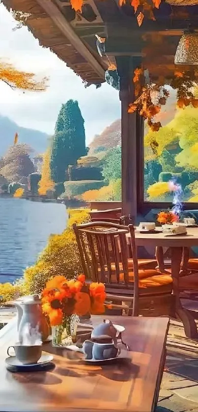 Autumn lakeside cafe with vibrant leaves.