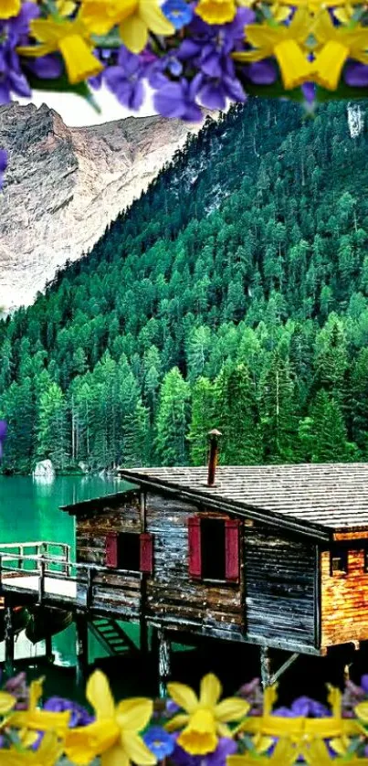 Lakeside cabin with flower frame and lush forest background.