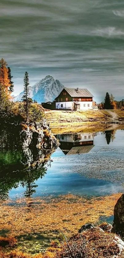 Scenic lakeside cabin with autumn trees and mountain reflection.