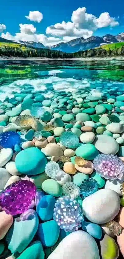 Colorful gemstones and pebbles in a peaceful lake landscape.