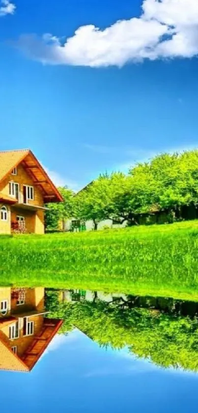 Lakeside house with lush greenery and blue sky reflection.