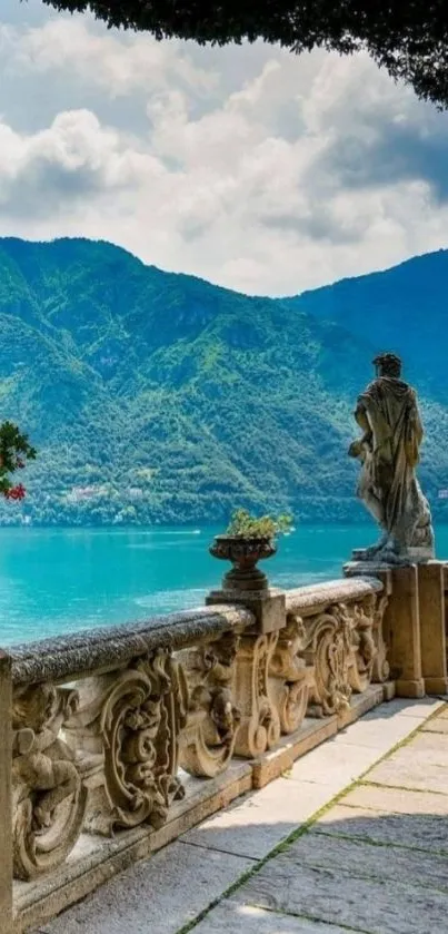 Serene lakeside view with mountains and stone terrace.