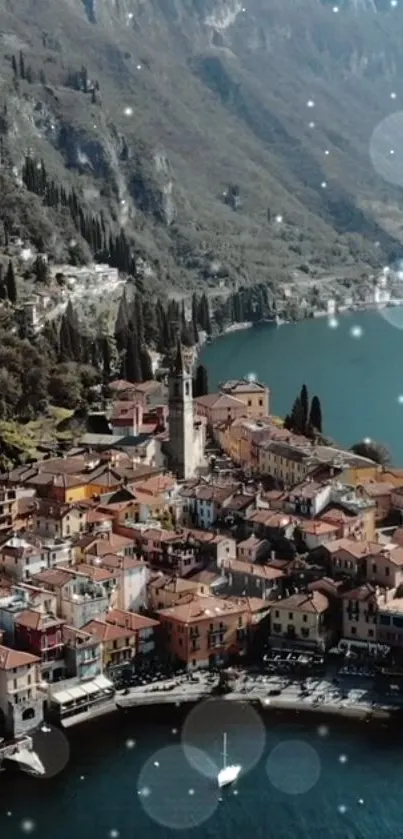 A scenic lakeside village surrounded by mountains and a serene body of water.