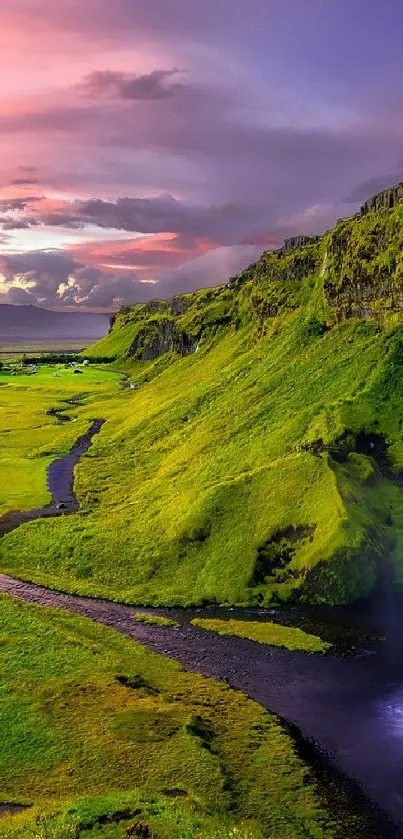 Scenic landscape with green hills and colorful sky for mobile wallpaper.