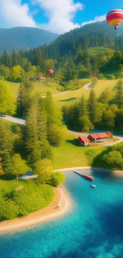 Scenic landscape with hot air balloon over a lake and green valley.