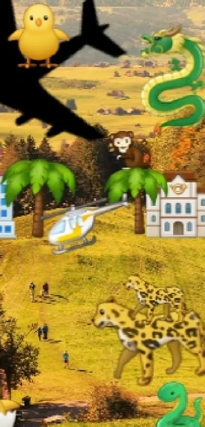 Scenic landscape with emojis in vibrant countryside view.