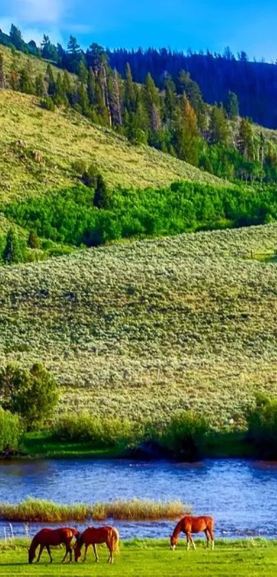 Vibrant landscape with green hills and horses grazing by a river.