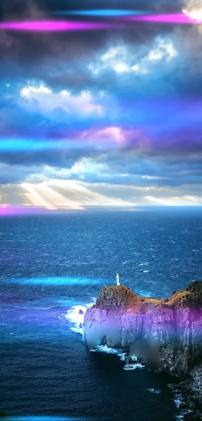 Lighthouse atop cliffs with vibrant sky at dusk.