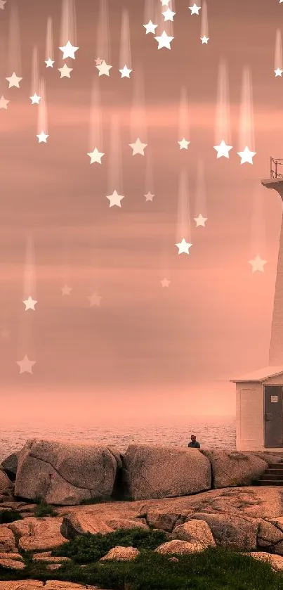 Lighthouse on a rocky shore during sunset with a serene ocean backdrop.