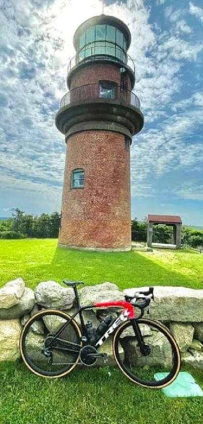 Lighthouse with bicycle under a bright sky, surrounded by nature.