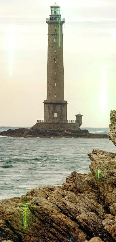 Lighthouse on rocky shore with ocean in background.