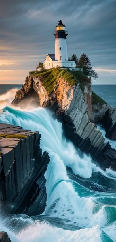Lighthouse on rocky cliff with crashing waves at sunset.