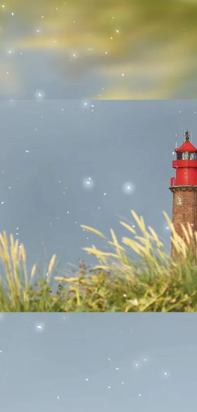 Lighthouse with grassy foreground and a tranquil sky.