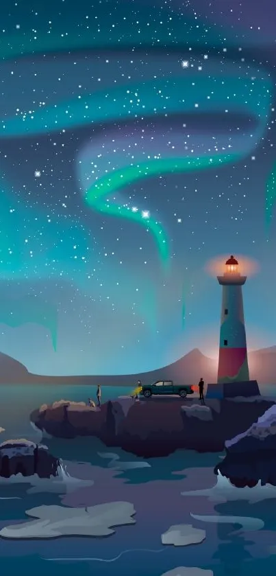 Illustrated lighthouse by ocean under aurora lit night sky with stars.