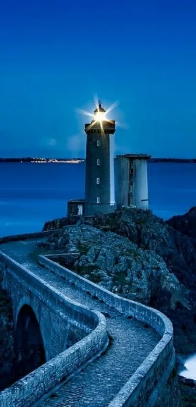 Lighthouse at night with a starry sky and tranquil ocean backdrop.