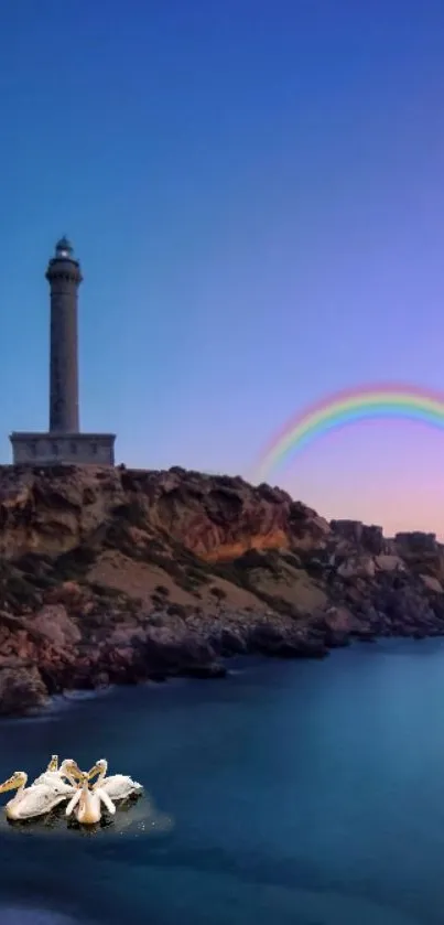 Mobile wallpaper featuring a lighthouse, rainbow, and ocean with serene ambiance.