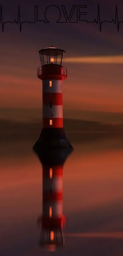 Red and white lighthouse at sunset with love-themed design.