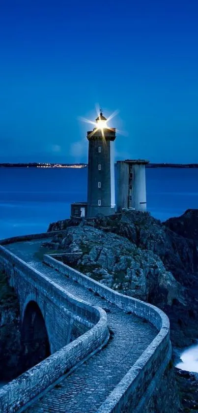 Lighthouse with stone path leading to ocean under a deep blue sky at night.